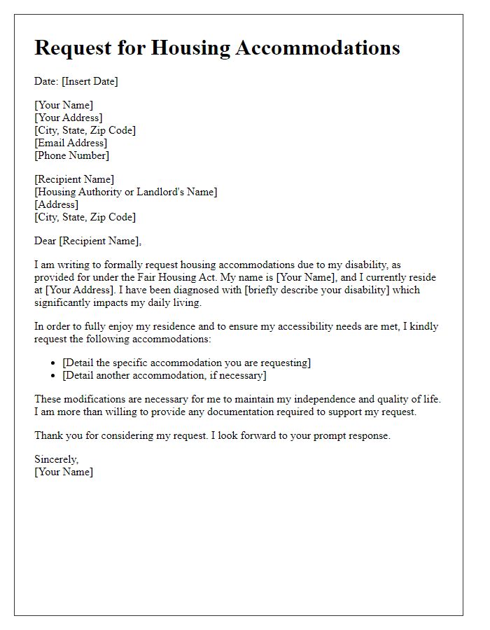 Letter template of request for housing accommodations for disability.