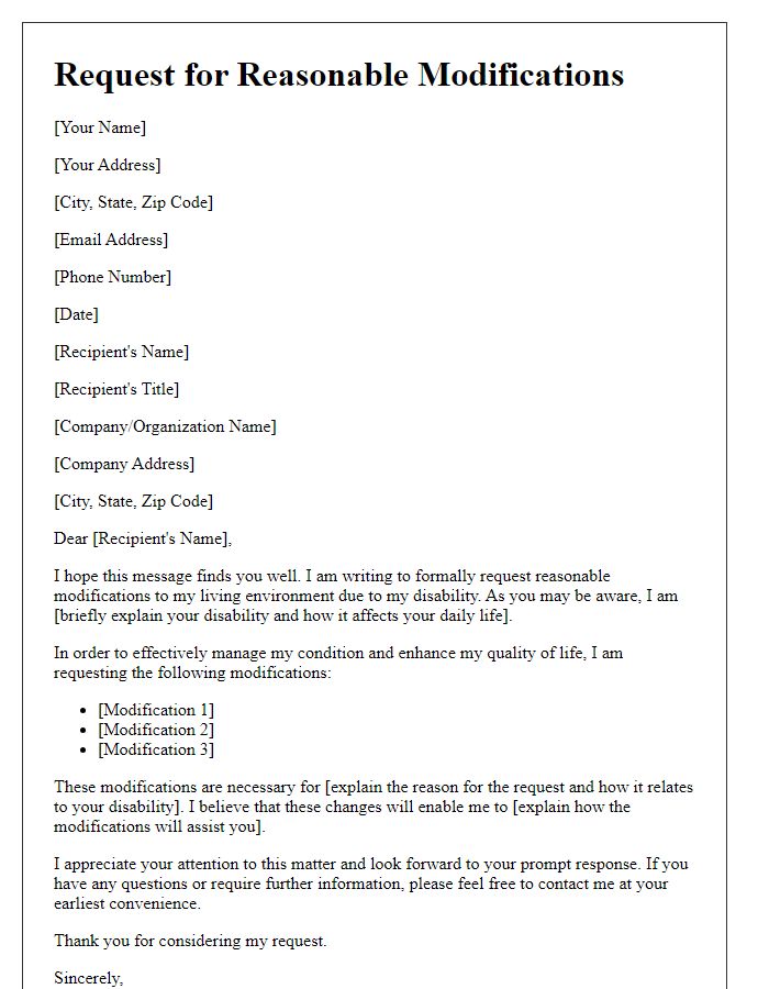 Letter template of request for reasonable modifications due to disability.