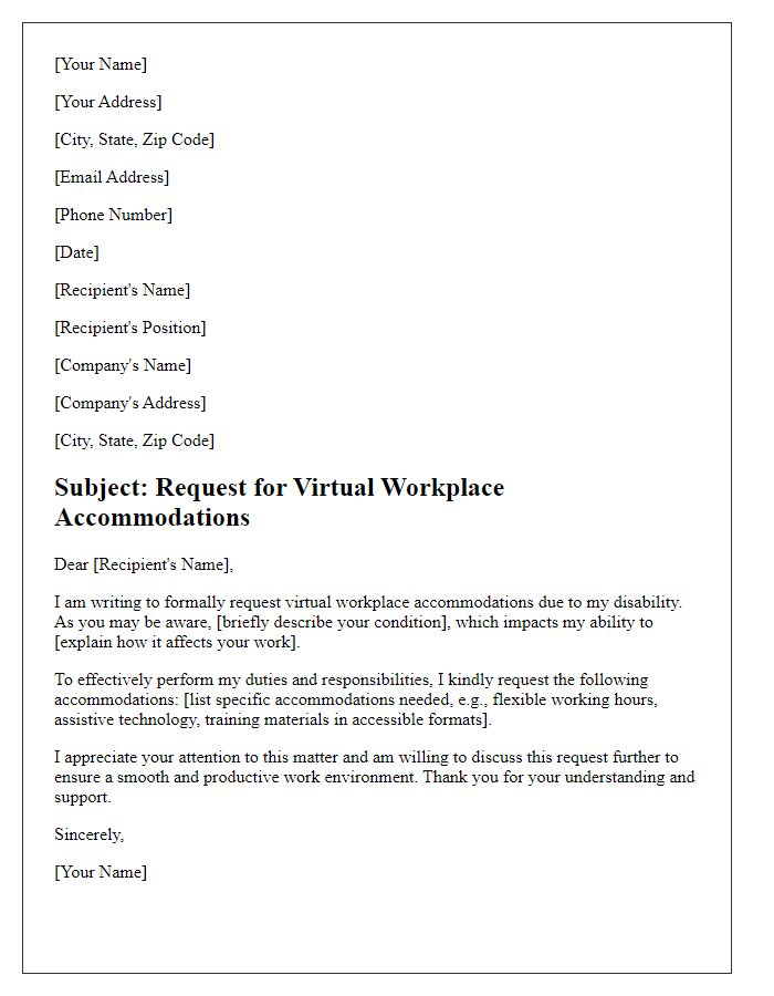 Letter template of request for virtual workplace accommodations due to disability.