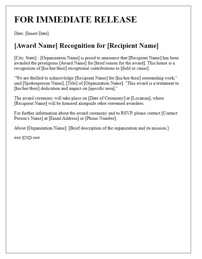 Letter template of press release for award recognition