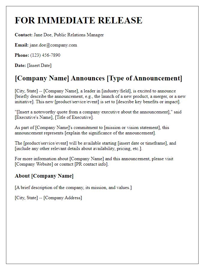 Letter template of press release for company announcement