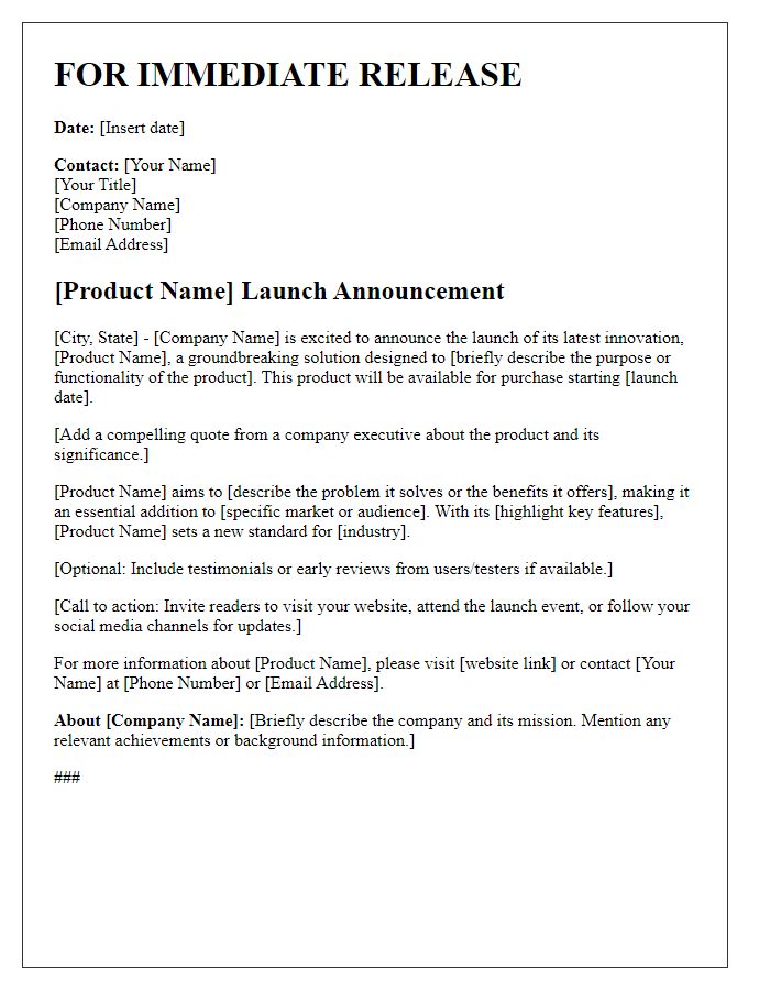 Letter template of press release for product launch