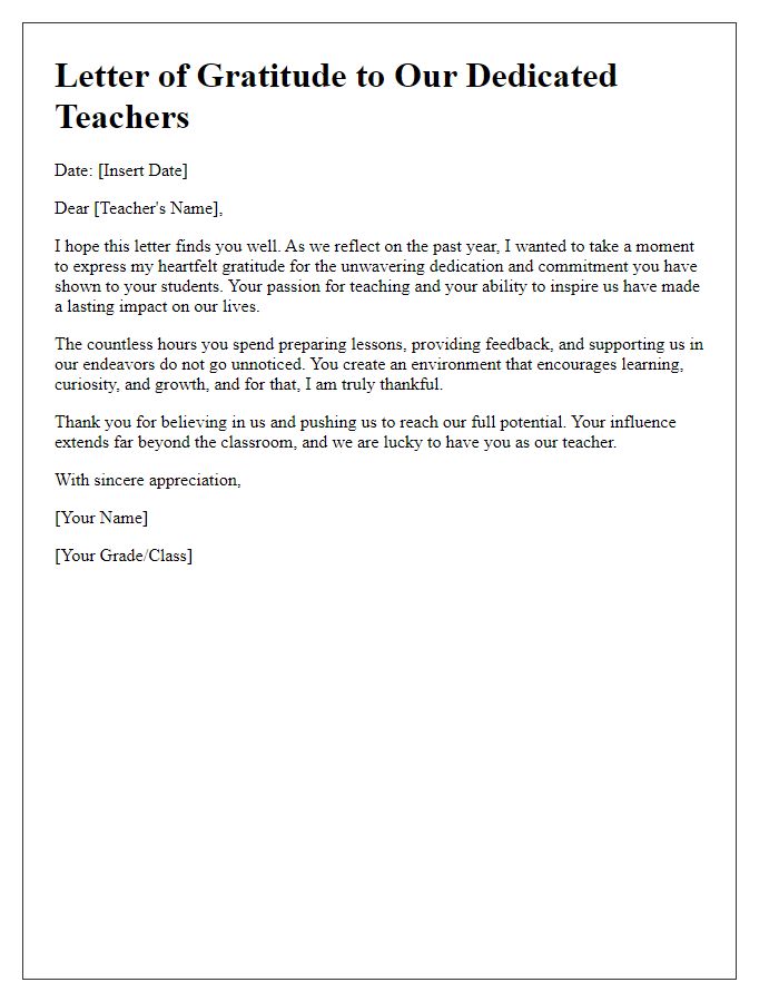 Letter template of gratitude for dedicated teachers