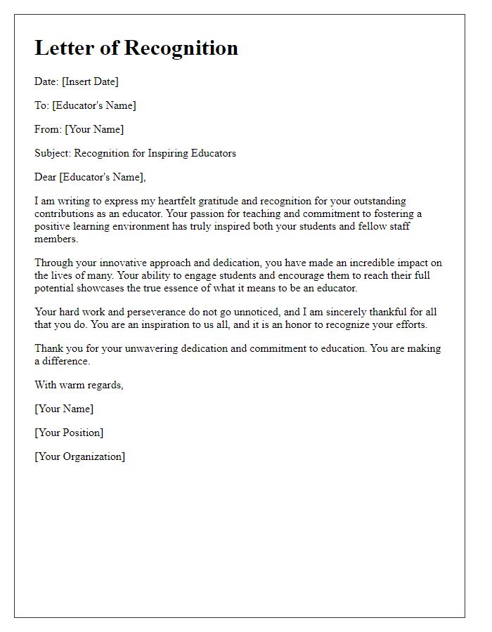 Letter template of recognition for inspiring educators