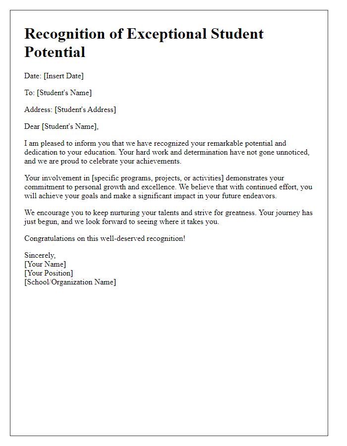 Letter template of recognition for nurturing student potential