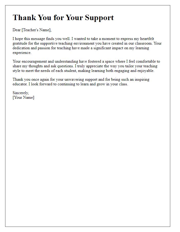 Letter template of thanks for a supportive teaching environment