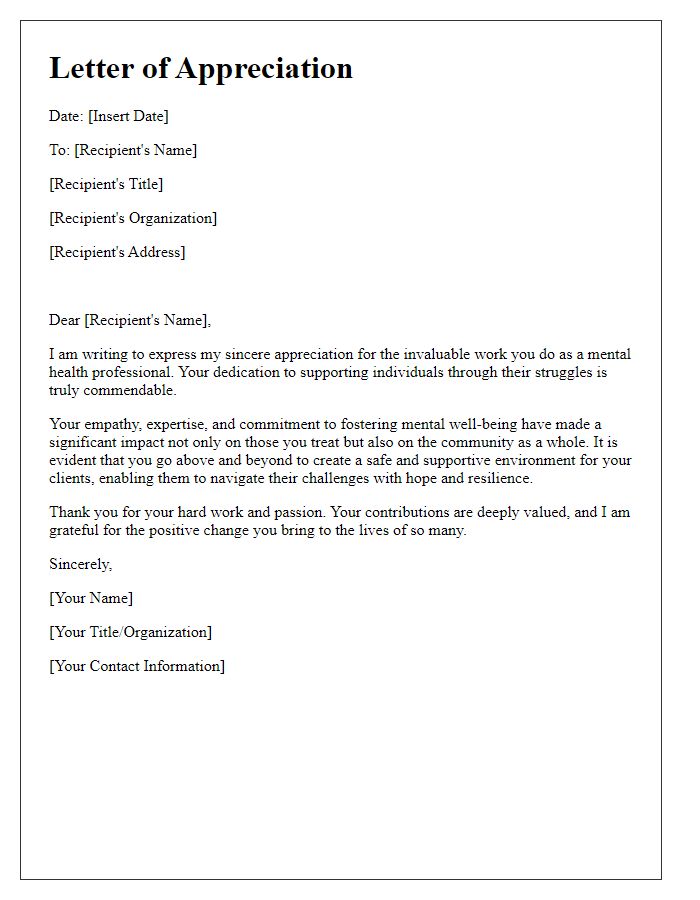 Letter template of appreciation for mental health professionals.