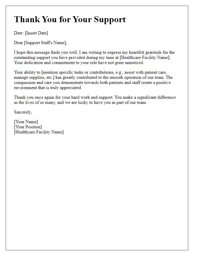 Letter template of thanks for support staff in healthcare.