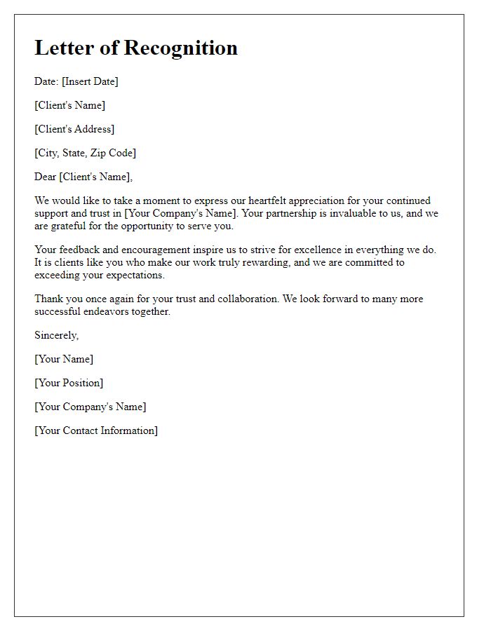 Letter template of recognition for client support and trust