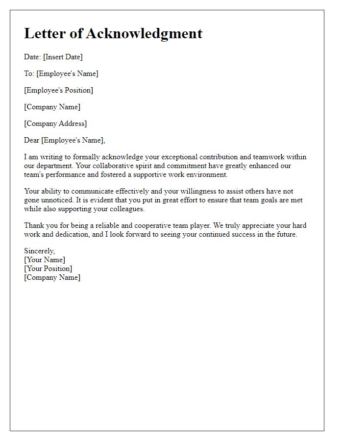 Letter template of acknowledgment for a cooperative team player