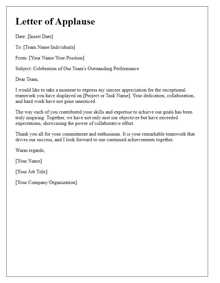 Letter template of applause for teamwork excellence