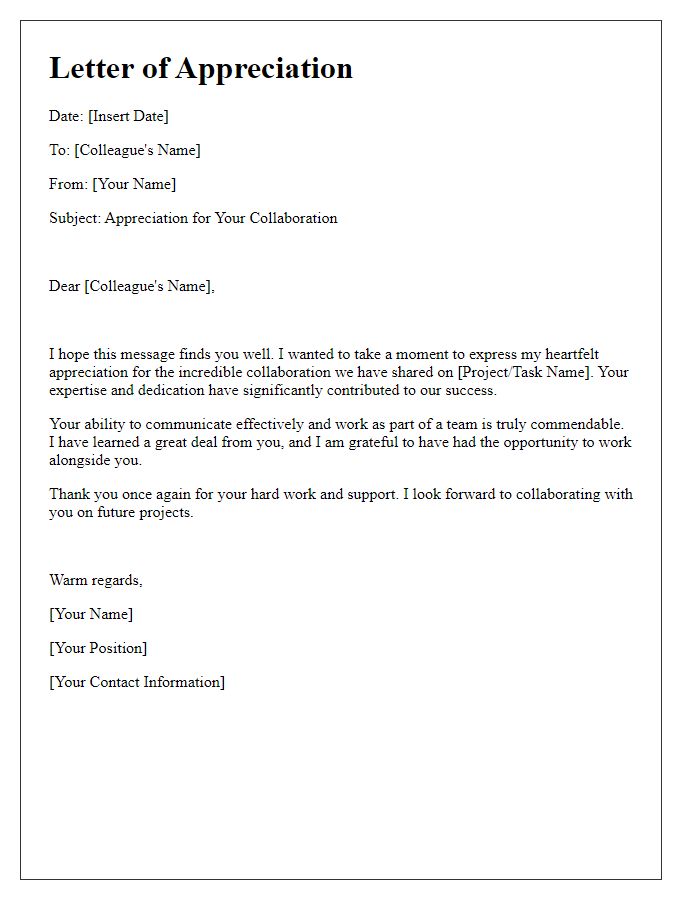 Letter template of appreciation for a collaborative colleague