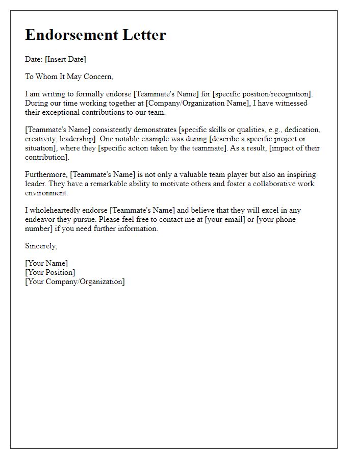 Letter template of endorsement for a teammate's contributions