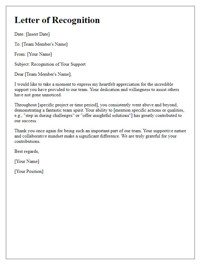 Letter template of recognition for a supportive team member