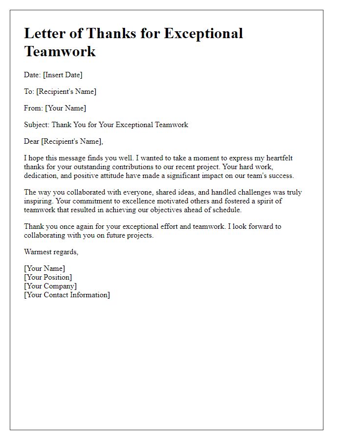 Letter template of thanks for exceptional teamwork