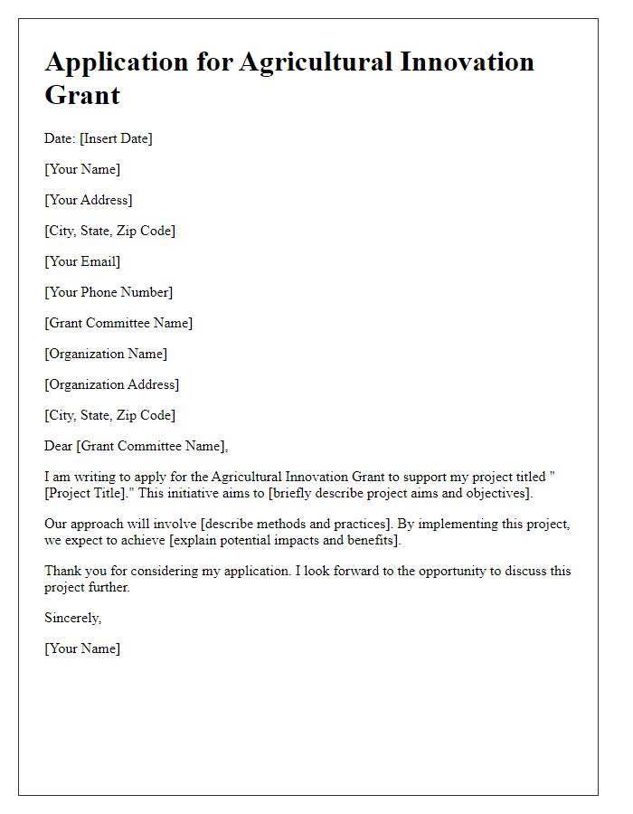 Letter template of application for agricultural innovation grant.