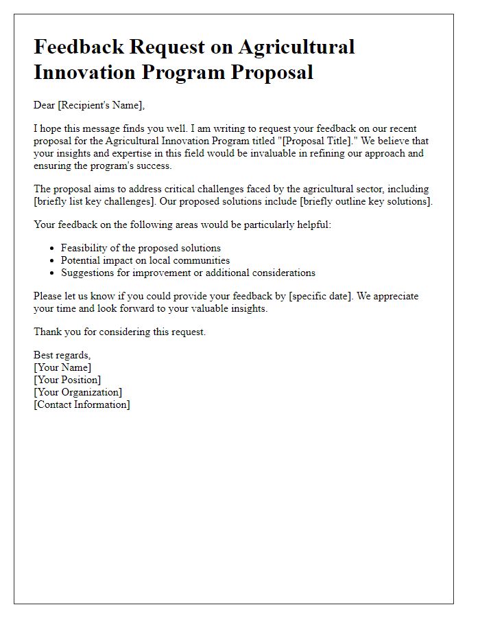 Letter template of feedback request on agricultural innovation program proposal.