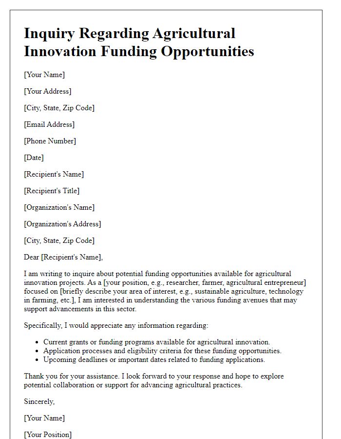 Letter template of inquiry regarding agricultural innovation funding opportunities.