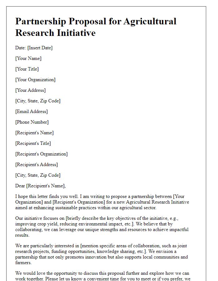 Letter template of partnership proposal for agricultural research initiative.