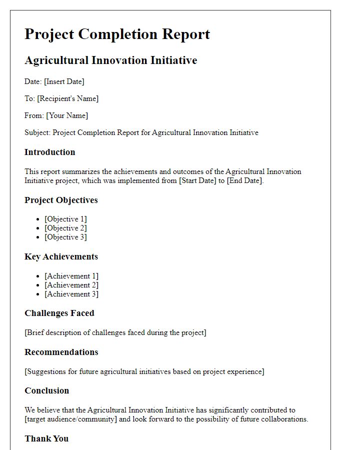 Letter template of project completion report for agricultural innovation initiative.