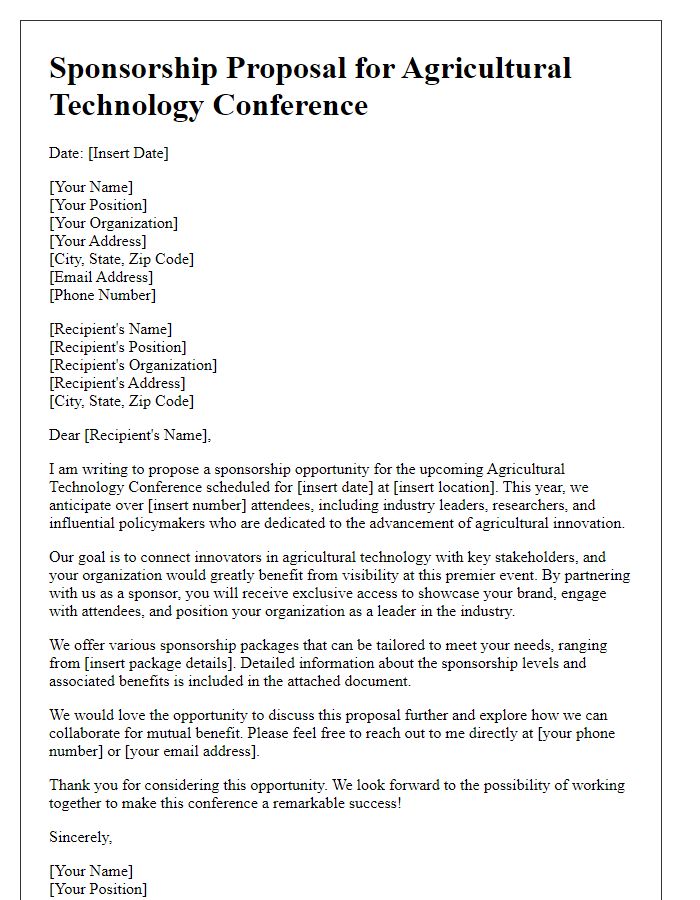 Letter template of sponsorship proposal for agricultural technology conference.