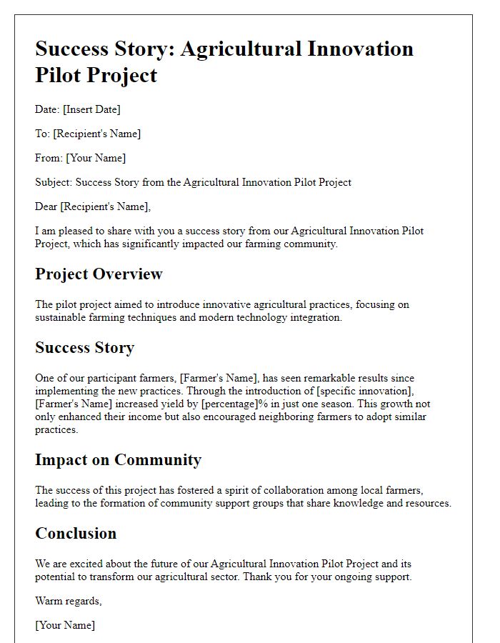 Letter template of success story for agricultural innovation pilot project.