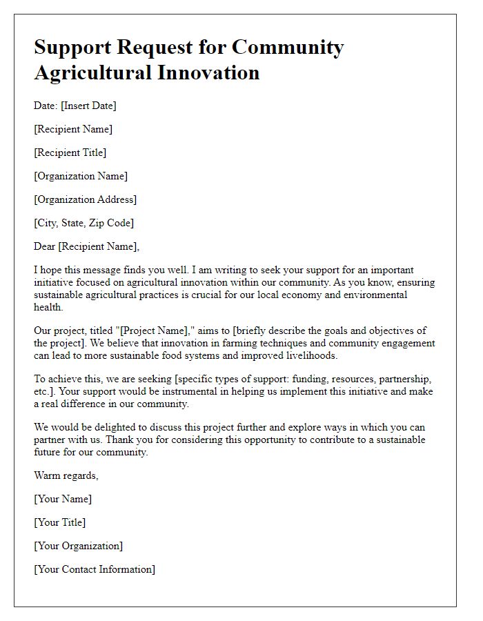 Letter template of support request for community agricultural innovation efforts.