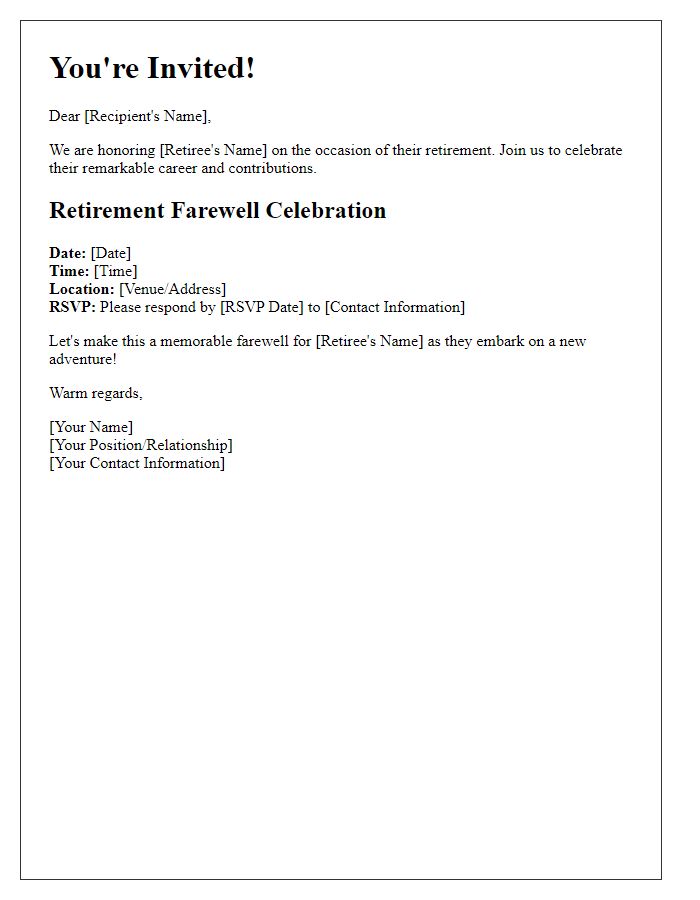 Letter template of a formal invitation to a retirement farewell celebration.