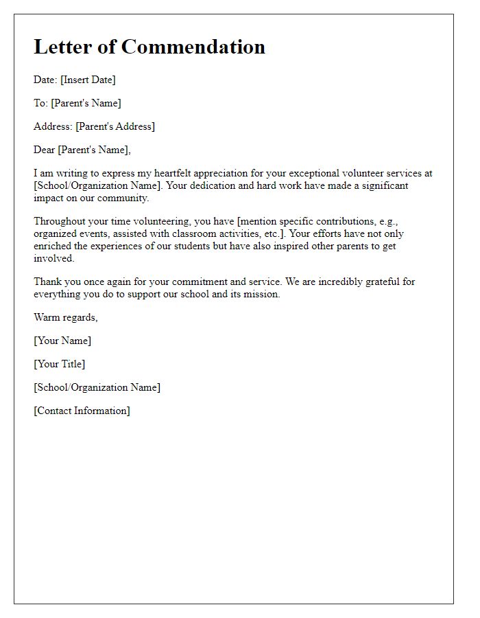 Letter template of commendation for parent volunteer services