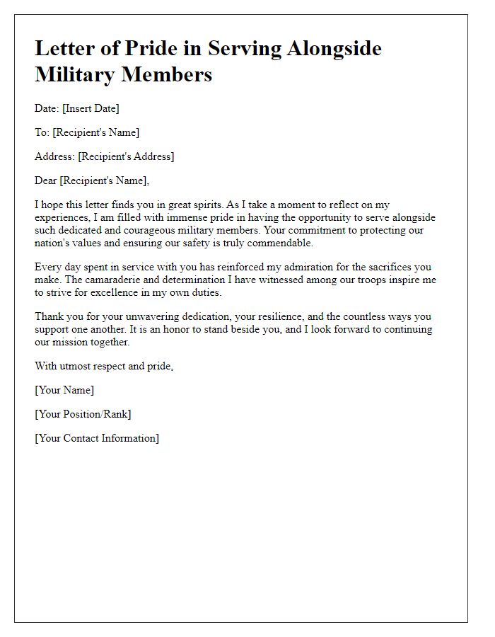 Letter template of pride in serving alongside military members