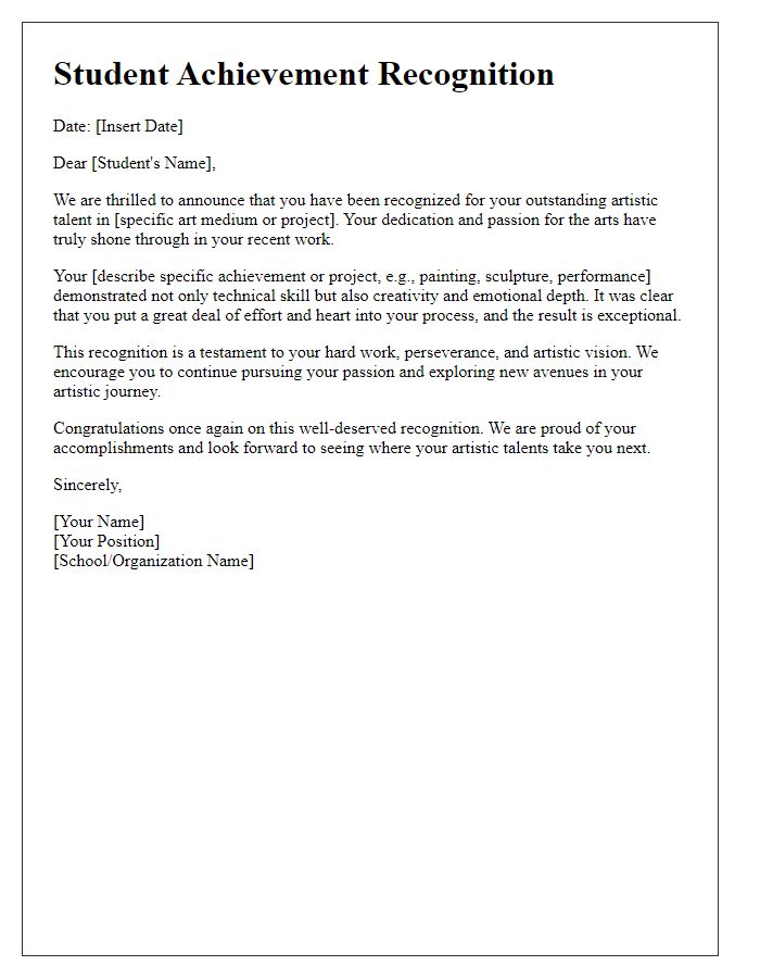 Letter template of Student Achievement Recognition for Artistic Talent