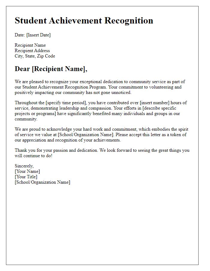 Letter template of Student Achievement Recognition for Community Service