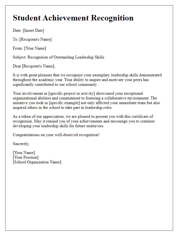 Letter template of Student Achievement Recognition for Leadership Skills