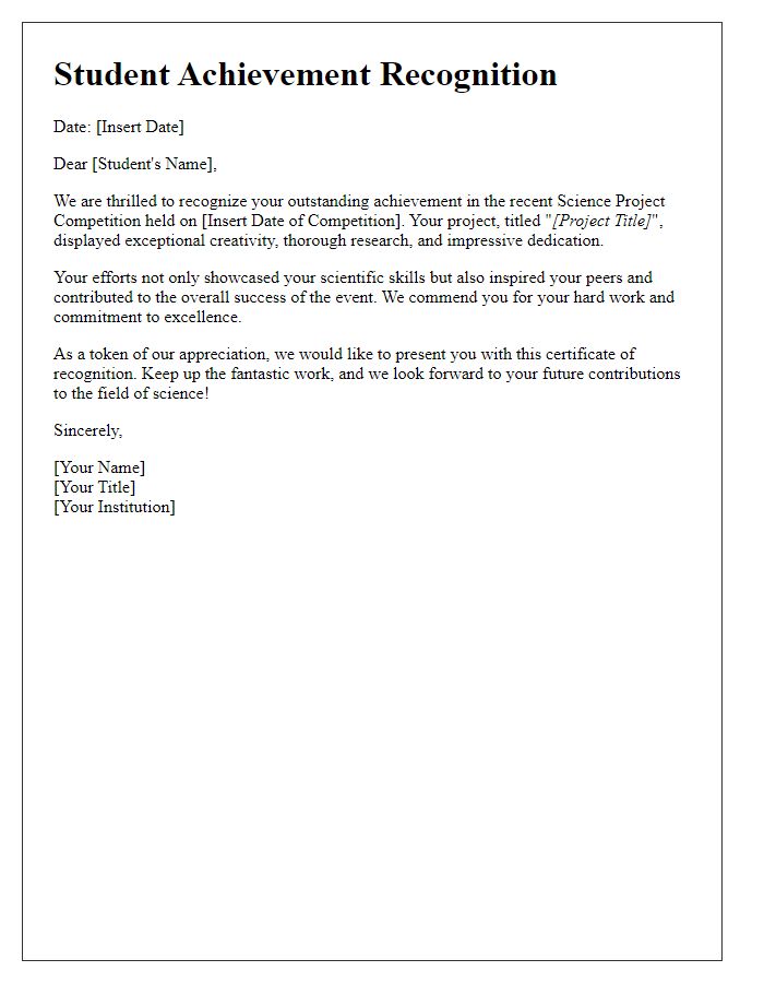 Letter template of Student Achievement Recognition for Science Projects