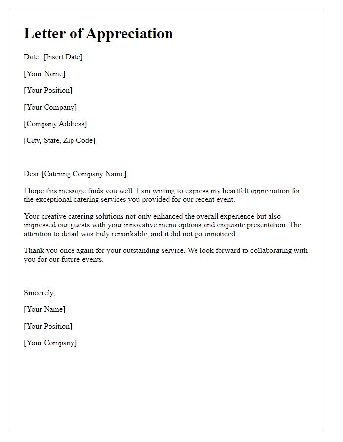 Letter template of appreciation for creative catering solutions.