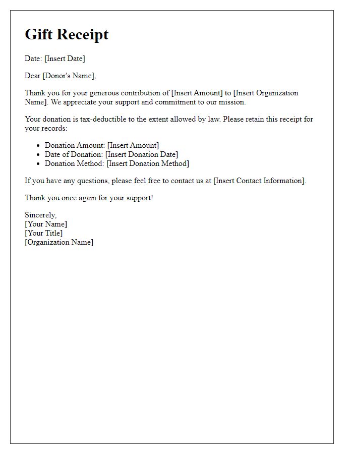 Letter template of gift receipt for donors