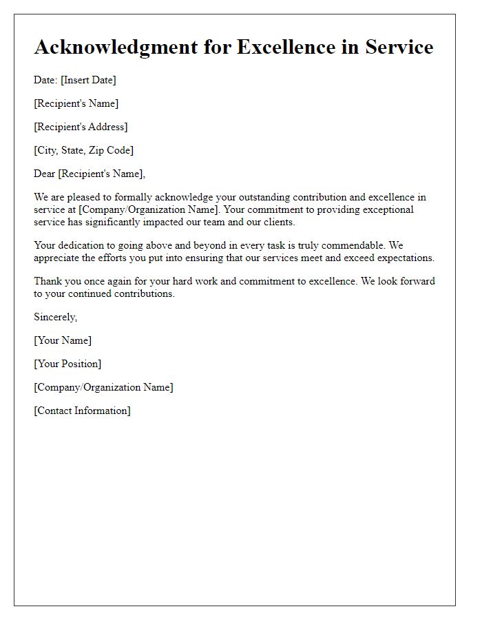 Letter template of Acknowledgment for Excellence in Service