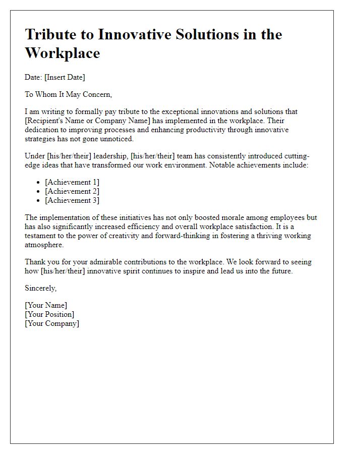 Letter template of Tribute for Innovative Solutions in the Workplace