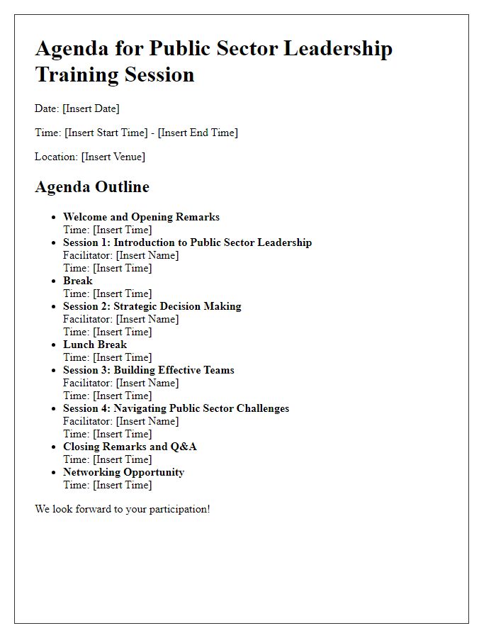 Letter template of agenda outline for public sector leadership training session