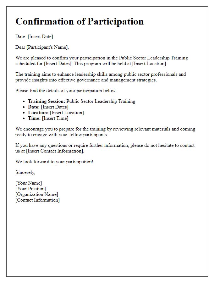 Letter template of confirmation for participation in public sector leadership training