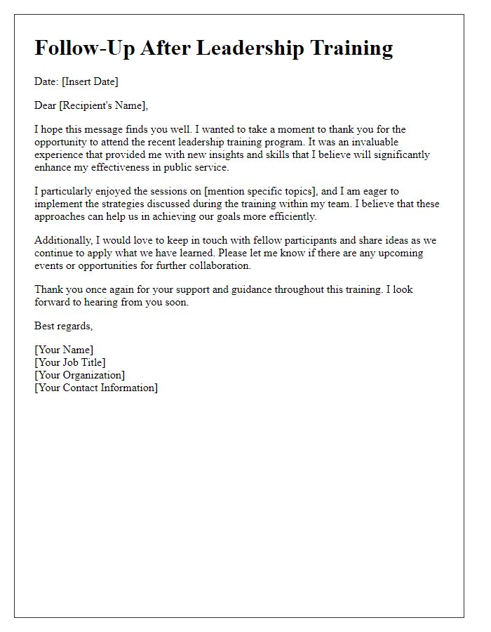 Letter template of follow-up correspondence after public sector leadership training