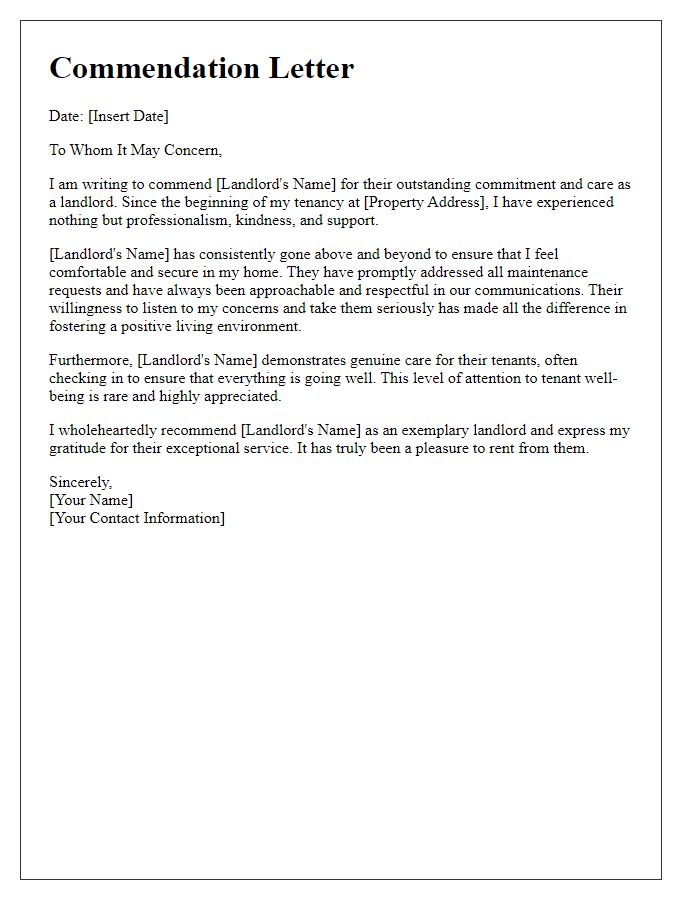 Letter template of commendation for a caring landlord-tenant relationship.