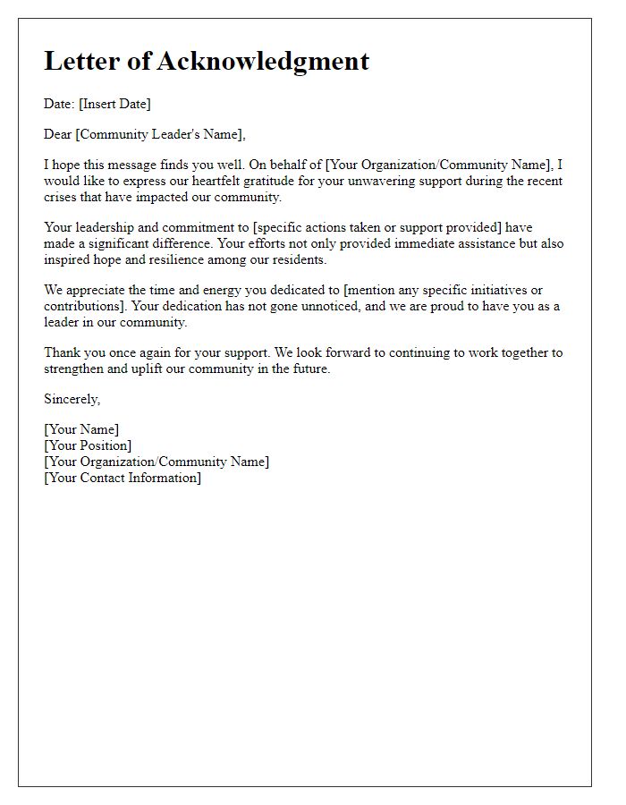 Letter template of acknowledgment for a community leader's support during crises.