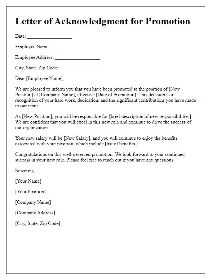 Letter template of acknowledgment for employee promotion.