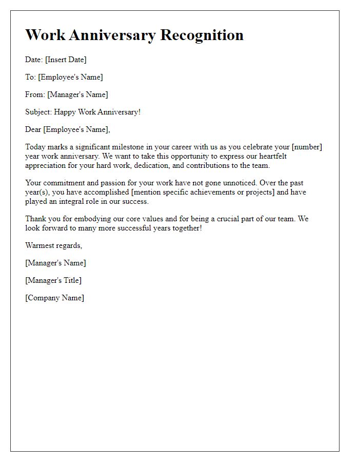 Letter template of recognition for employee work anniversary.