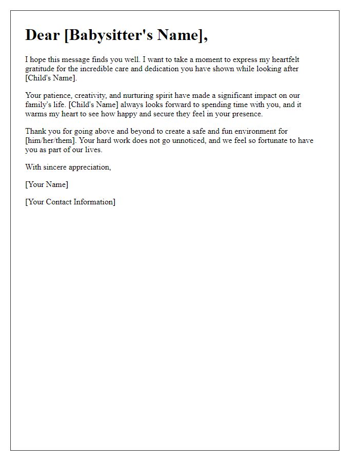 Letter template of babysitter caregiver recognition.