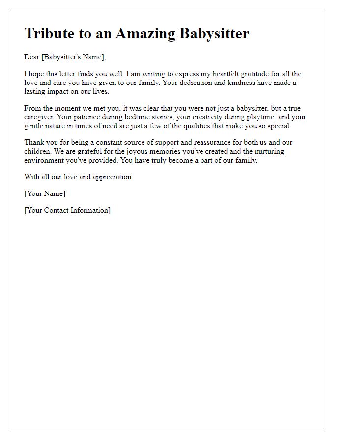 Letter template of babysitter caregiver tribute.