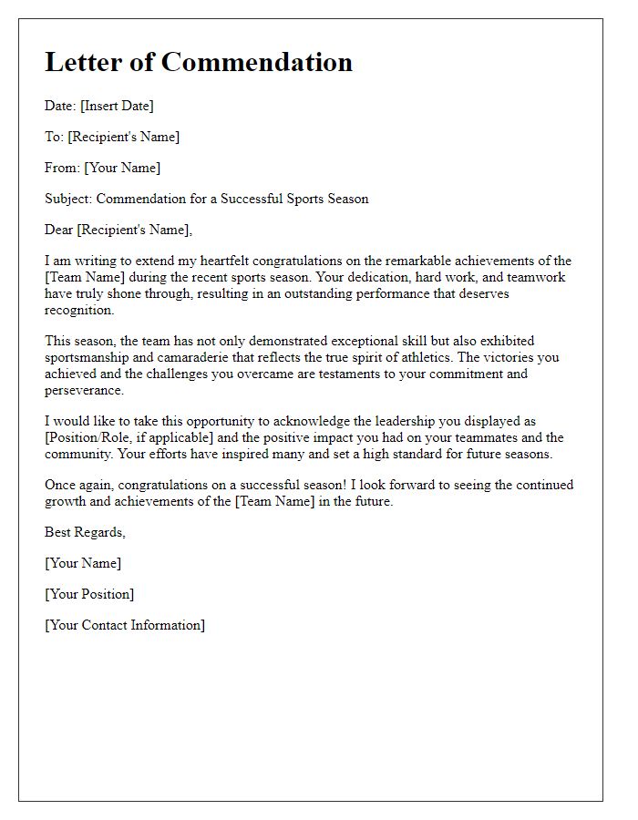 Letter template of commendation for a successful sports season