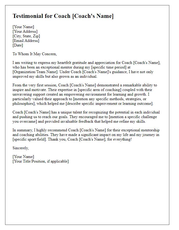 Letter template of testimonial for a coach's mentorship