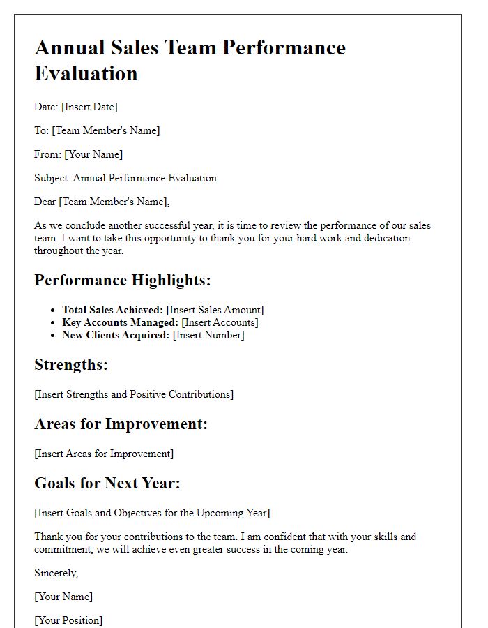 Letter template of annual sales team performance evaluation.